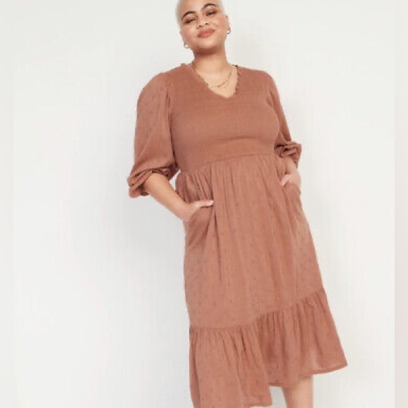 Old Navy Long Sleeve Fit Flare Smocked Midi Dress Brown Rustic Western Farmhouse - Picture 10 of 11